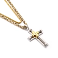 Two-layer stainless steel cross pendant necklace with silver and gold chains on white backdrop - Two-tone Gold (KN202671-Z)