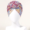 Bohemian paisley turban hat with vibrant floral patterns and elegant top twist knot - Light Purple