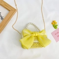 Mini yellow tweed handbag featuring a large organza bow and pearl handle for girls - Large Yellow