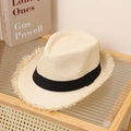 Cappello di paglia beige da uomo con nastro nero e bordo a taglio vivo per protezione solare - M (56-58cm) / Beige