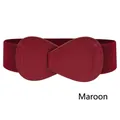 Women's wide elastic corset belt in dark red with oval leather buckle and stitch detail - 100cm / Burgundy