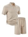 Ensemble polo d'été beige pour homme avec tissu texturé et short à cordon - Kaki
