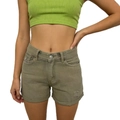 Detail of army green denim shorts featuring distressed ripped texture and cuffed hem design - Khaki