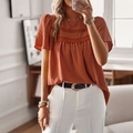 Terracotta crew neck short sleeve shirt with lace patchwork and textured fabric - Brown