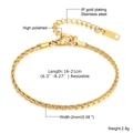 Pulsera de cadena de cuerda dorada de 2mm en acero inoxidable 316L con acabado pulido - 2mm--16+5CM / Dorado