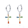 Close-up of S925 silver hoop earrings with a cross charm set with multi-color crystals - Silver Base Colorful Zircon