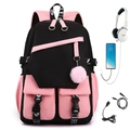 School backpack in black and pink patchwork with multiple pockets and plush pendant - Contrast Black Pink