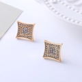 Macro detail of gold square stud earrings encrusted with sparkling white crystals - D1 Gold Square