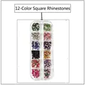 Detailed view of 12 colors square resin rhinestones in a clear plastic organizer box - 12 Colors Square Rhinestones