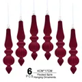 Set of 6 dark red flocked cone-shaped Christmas tree ornaments with silver caps - Burgundy