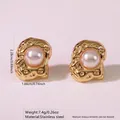 Golden irregular lava texture stainless steel earrings with white faux pearl inlays - Stainless Steel Vintage Pearl Lava Studs(FYD6107)