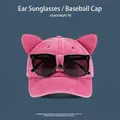 Close-up of pink baseball cap with cat ears and integrated black sunglasses for sun protection - Adult M (56-58cm) / Cat Ears Goggles Style / Pink