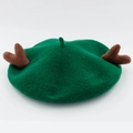 Deep green wool beret with brown reindeer antlers for autumn and winter outfits - M (56-58cm) / Xmas Green/Elk Horns