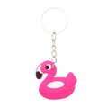 Detailed close-up of pink flamingo silicone keychain with durable metal ring and chain - Flamingo