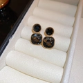 Detail view of vintage geometric gold earrings with black and grey square stones - Grey Rhinestone Square Style (Silver Pin)