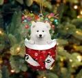 Niedlicher Samojeden-Welpe in rotem Weihnachtsstrumpf-Anhänger mit Rentiergeweih-Deko - Samojede
