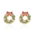 Encantadores pendientes de corona de Navidad dorados con piedras y un lazo rosa - Corona de Navidad de Circón Dorado / 1 par