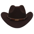 Dark brown wool felt western cowboy hat with woven band and gold feather pendant detail - M (56-58cm) / Dark Coffee Cowboy (Gold Feather)
