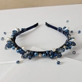 Detail of handmade deep blue crystal and pearl cluster beading on a silk-wrapped headband - Style SJ006 / Antenna Blue