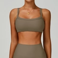 Koffiebruine geribbelde sportset met dubbele bandjes en hoge taille yoga legging - S / Lichtkoffie