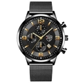 Men's quartz watch featuring black mesh band, black dial, and golden numeric markers - Black Mesh Band Gold Accents [Mesh + Calendar/Luminous]