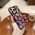 Macro view of purple diamond-patterned glitter case for iPhone 16 Pro in a cafe setting - Purple Lattice + Glitter Paper