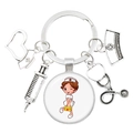 Nurse themed silver metal keychain with colorful heart and stethoscope charms gift - Cartoon Nurse Image