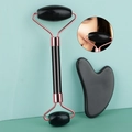 Black resin jade roller and heart-shaped gua sha tool set with rose gold metal accents - Resin Roller + Black Gua Sha Board