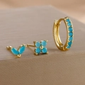 Detail showing S925 hallmark on gold petal earrings with blue stones - Gold-Turquoise (3 Pcs Set)