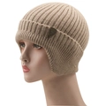 Detailed view of beige ribbed knit winter hat with ear flaps and metal shield badge - Khaki
