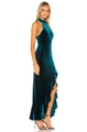 Detail van elegante donkerblauwe fluwelen maxi-jurk met halternek en ruches met split - M / Blauw