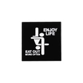 Square black enamel pin featuring 'ENJOY LIFE' text and minimalist creative line art - Black White Square Letter Style (QHXZ2237)