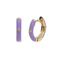 Detailed view of gold C-shaped earrings with purple enamel and clear zircon stones - 24K / Purple Enamel Small Hoop (JQH0020-GG-4)