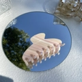 Close-up of pink striped acetate hair claw clip reflecting clear blue sky in a mirror - Pink & Yellow Stripe