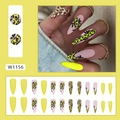 Long stiletto press-on nails with yellow leopard print and black leaf pattern art - Yellow Leopard (W1156)