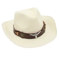Detailed close-up of a cream straw cowboy hat featuring a brown leather band and bull head - One Size / Cream