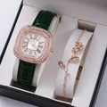 Luxury rose gold square watch with green leather strap and rhinestone rose bracelet - Green (Watch with Bracelet)