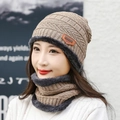 Winter khaki knitted hat and fleece-lined neck gaiter set with warm thermal lining - Khaki Hat & Neck Warmer Set