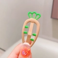 Close-up of a cute orange carrot hair clip with green leaves in candy colors - Beige