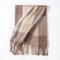 Classic plaid scarf in brown and beige tones with tassels for a vintage winter style - Camel Beige Plaid