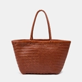 Dark brown hand-woven leather tote bag with vintage texture and long shoulder straps - Small / Brown