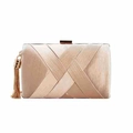 Elegant champagne satin evening clutch bag with cross pleats and long gold metal tassel - Gold