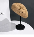 Minimalist straw knit beret in beige with hollow mesh design on a display stand - M (56-58cm) / Khaki