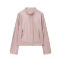 Women's pink faux leather jacket with stand collar and dual zipper pockets on white background - S / Pink