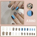 Short square press-on nails with leopard print and blue color-block design, 24 pieces set - A3060 Leopard Contrast (Glue Type)