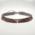 Detail of a brown faux leather cowboy belt featuring silver longhorn bull head metal buckles - 56-58cm / Brown Western Cowboy Longhorn Bull Belt (AB48)