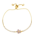 Adjustable gold flower bracelet with purple and white cubic zirconia crystals - Purple
