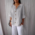 Camicia da donna in cotone e lino azzurro con scollo a V e bottoni su modella - Fibbia A 4 Bottoni Grigio Chiaro 8033# / 3XL