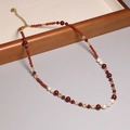 2mm natural red tourmaline beaded necklace with gold accents and pearl highlights - XL0077 Dark Red Beads and Pearl Mix