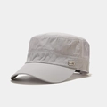 Detail of light grey flat top military cap with breathable mesh and 95 metal logo - Light Gray
